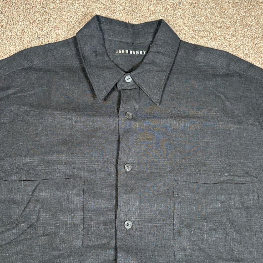 John Henry‎ Mens Large Black Linen Blend Short Sleeve Button Down Shirt Textured